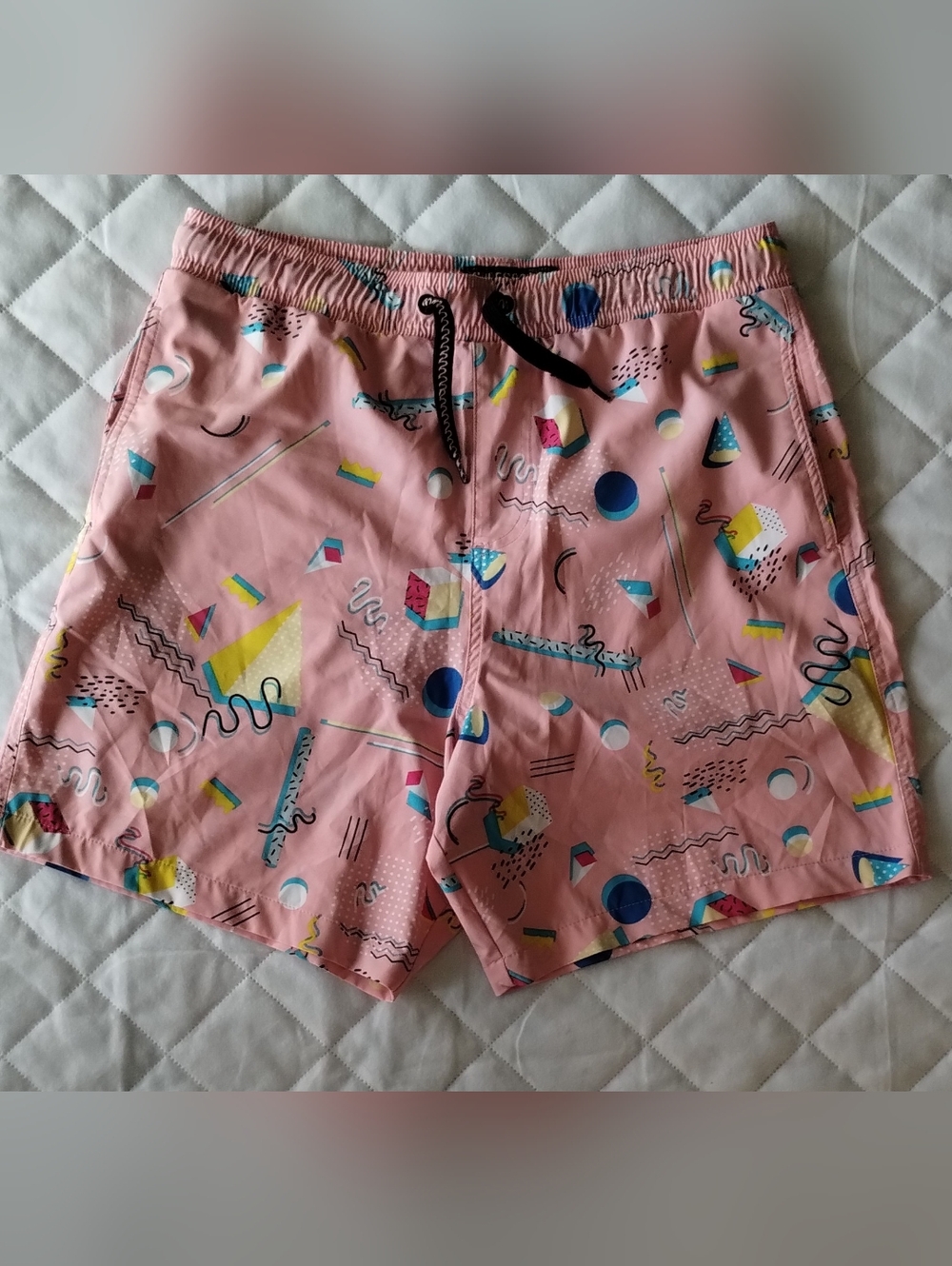 Surf Society Pink Swimwear Shorts with Black Label and Teal Trim